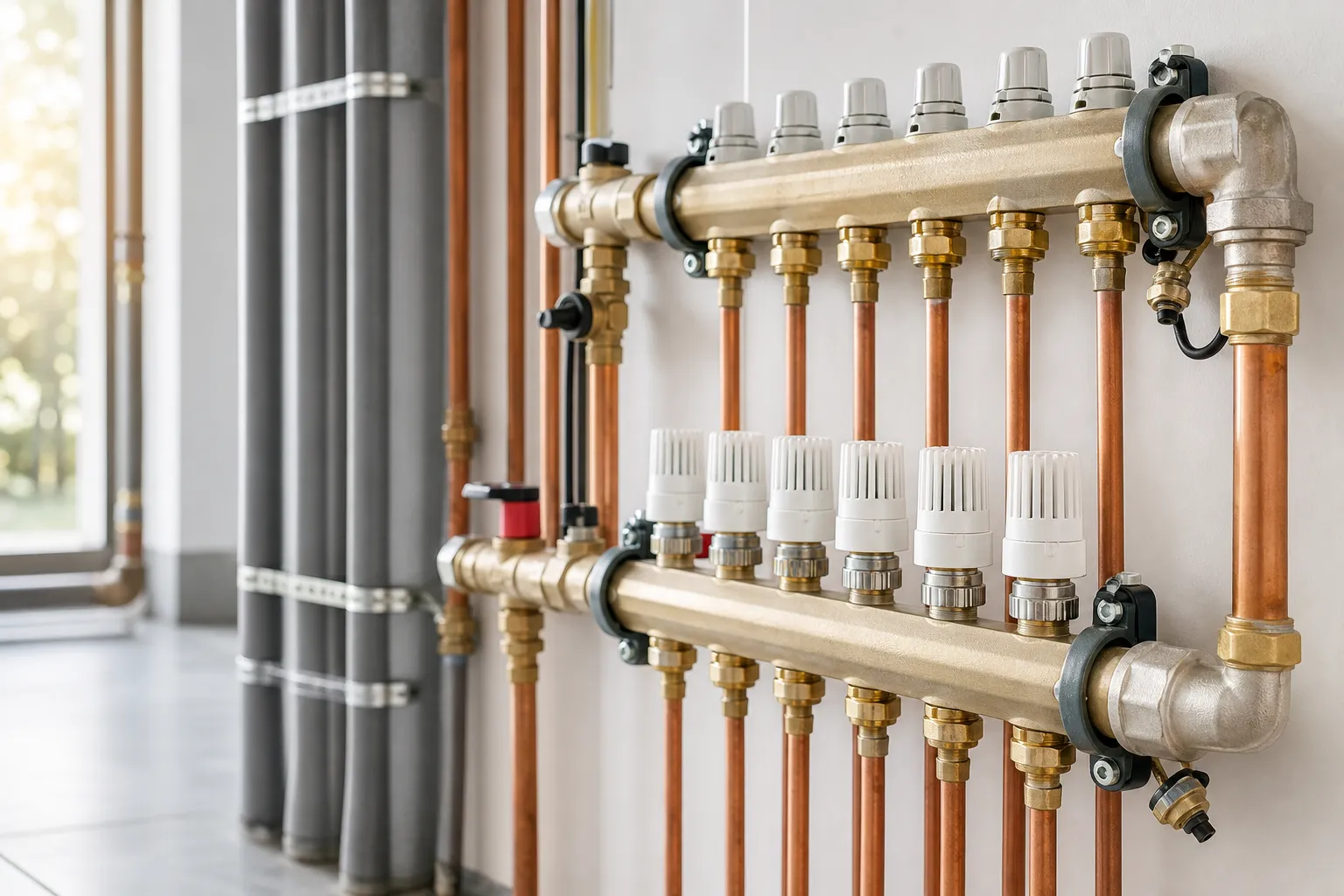 Detail einer professionellen Heizungsanlage mit Kupferrohren